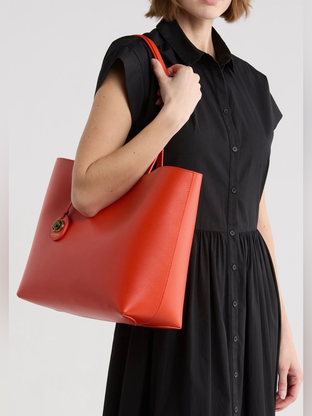 Kurt Geiger Coral-Red Leather Tote with Medallion Charm